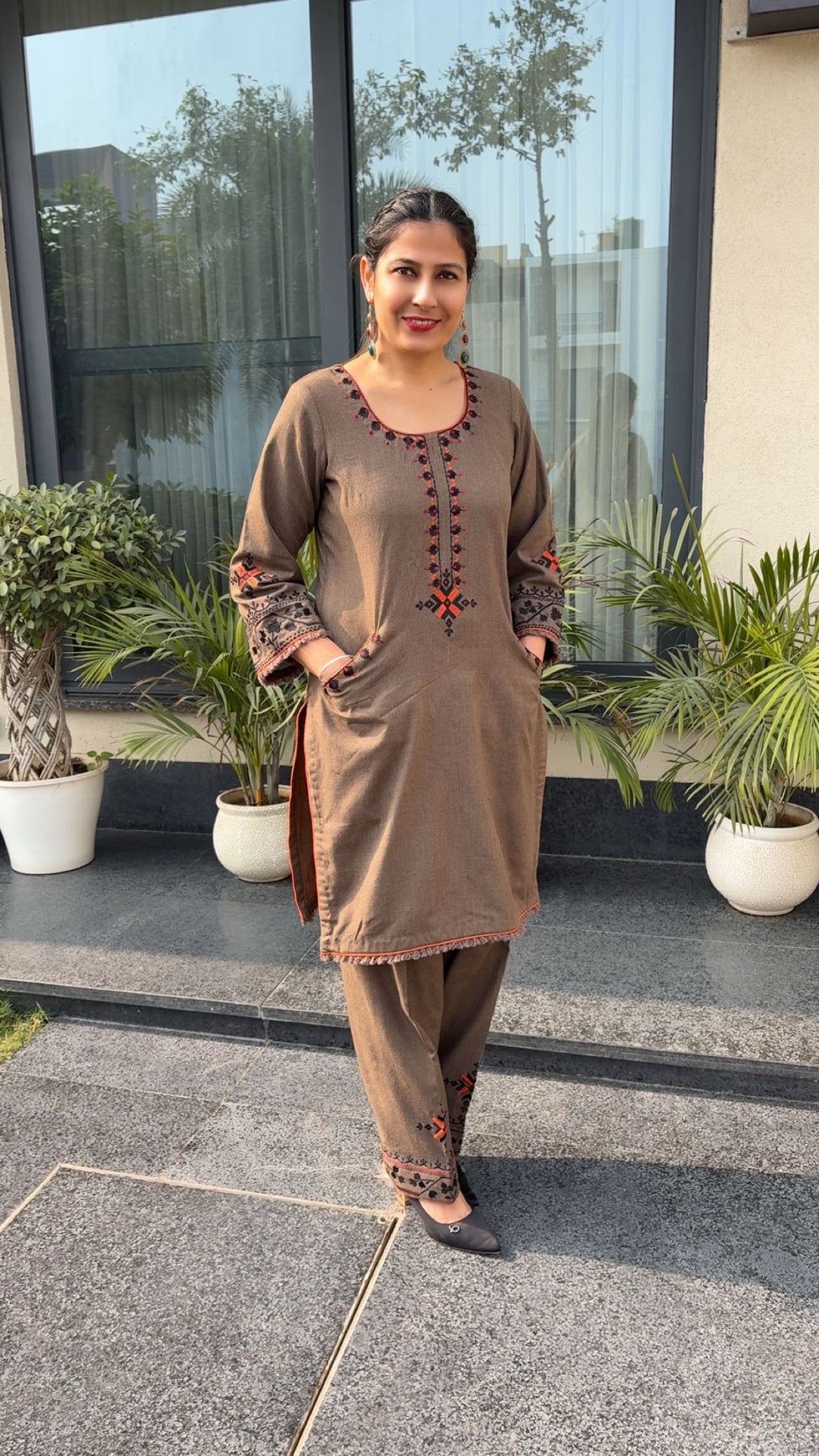 Brown pashmina phulkari suit