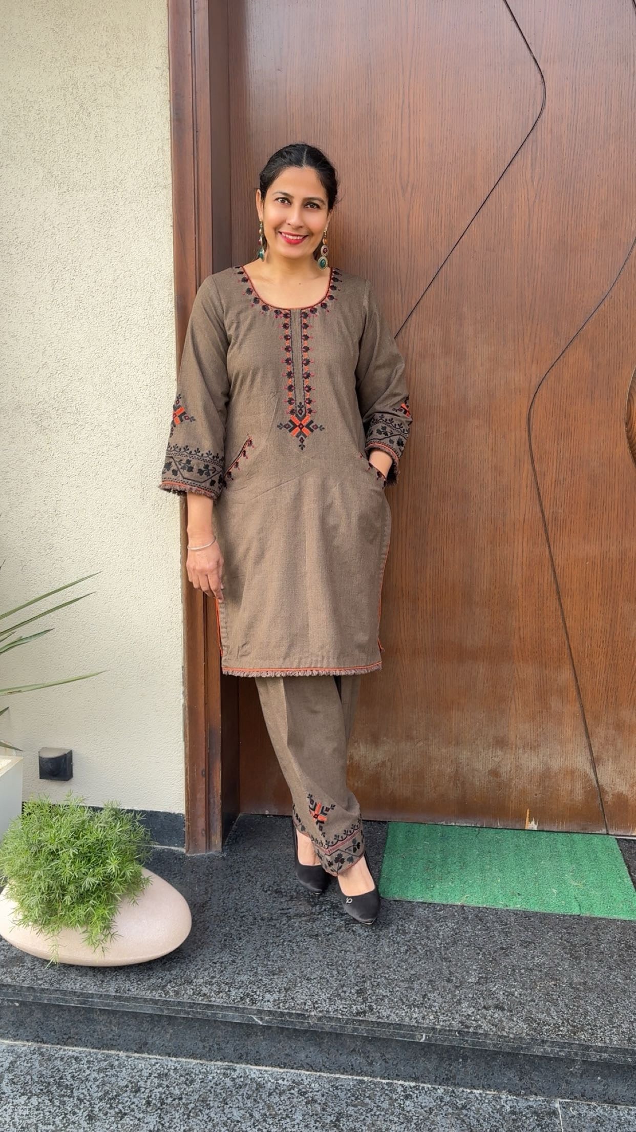 Brown pashmina phulkari suit