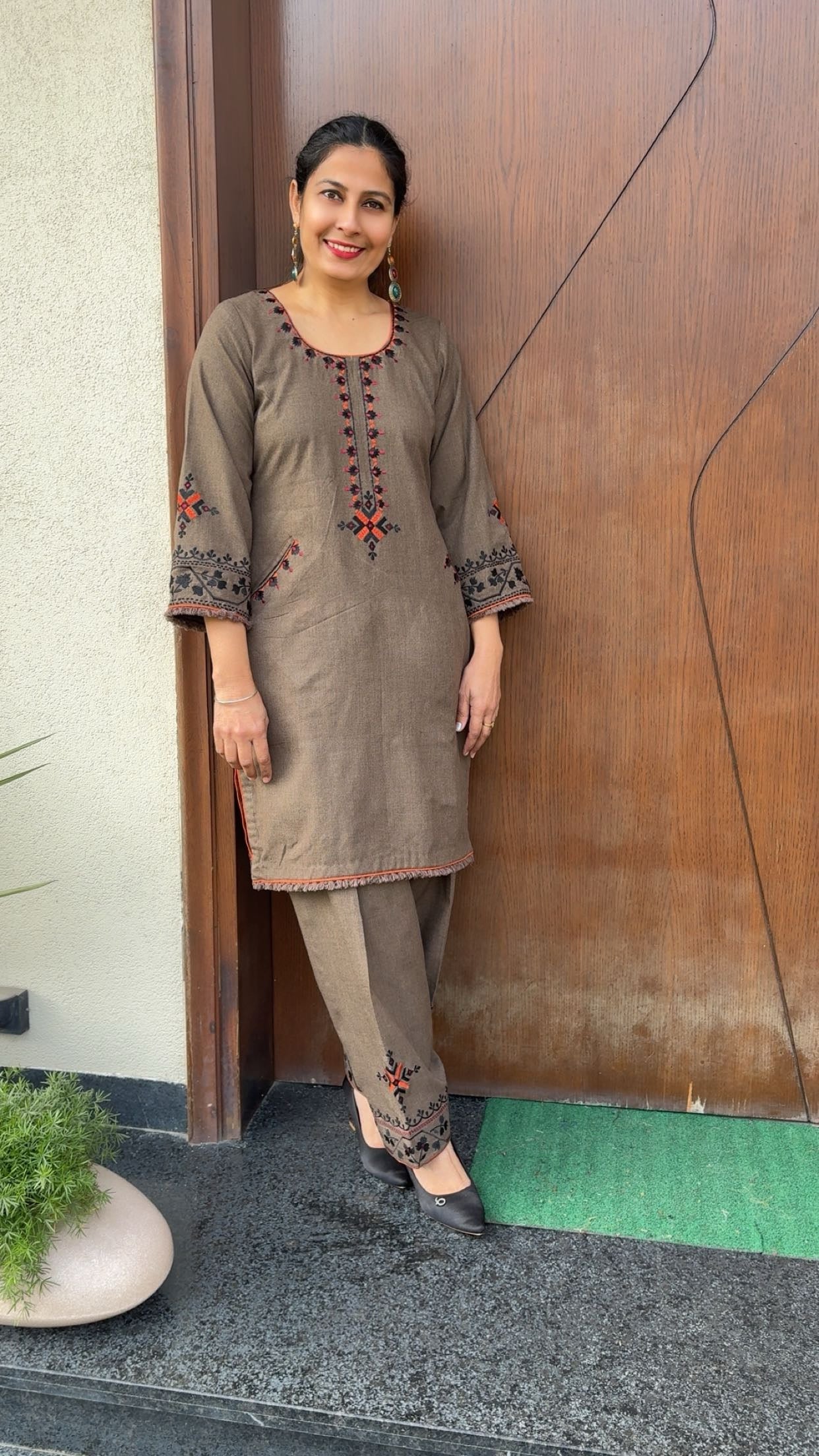 Brown pashmina phulkari suit