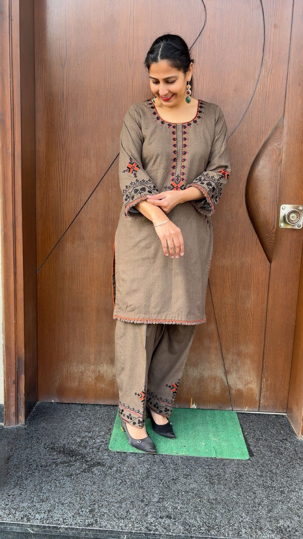Brown pashmina phulkari suit