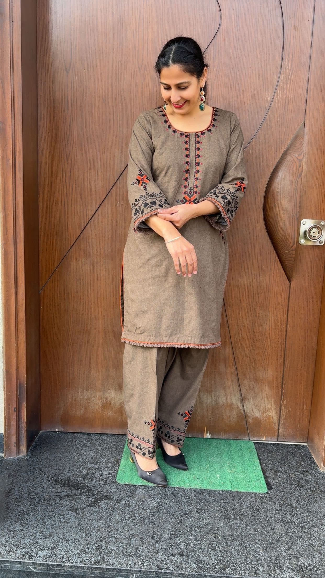 Brown pashmina phulkari suit