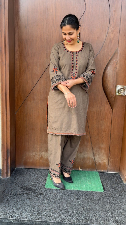 Brown pashmina phulkari suit